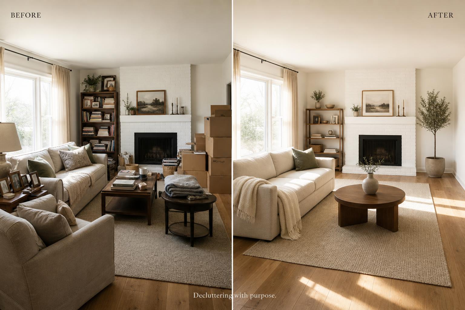 Before and after of the same Minnesota living room — cluttered on the left, calm and decluttered on the right
