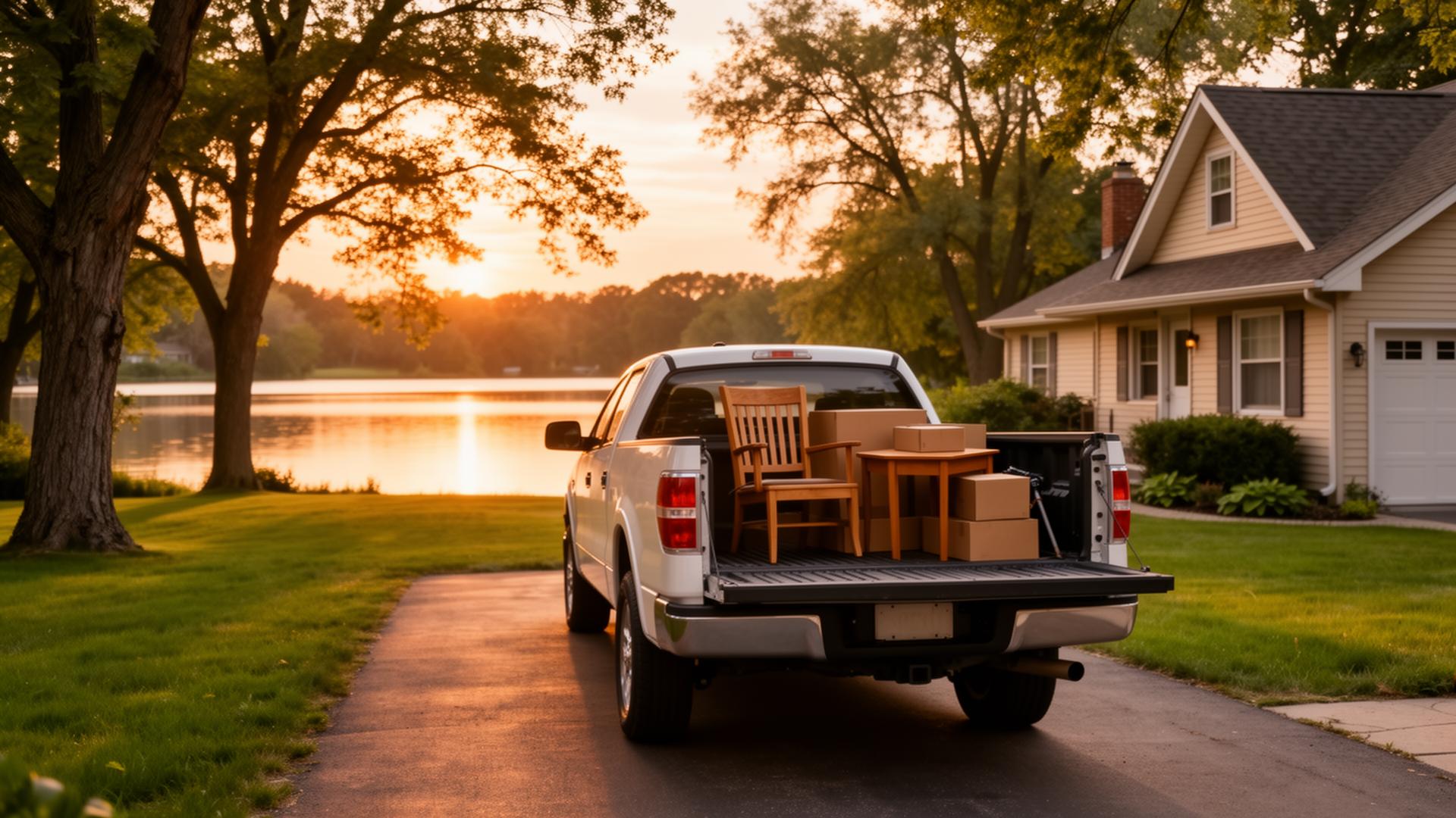 A pickup truck in a Minnesota driveway with neatly placed donation furniture at sunset